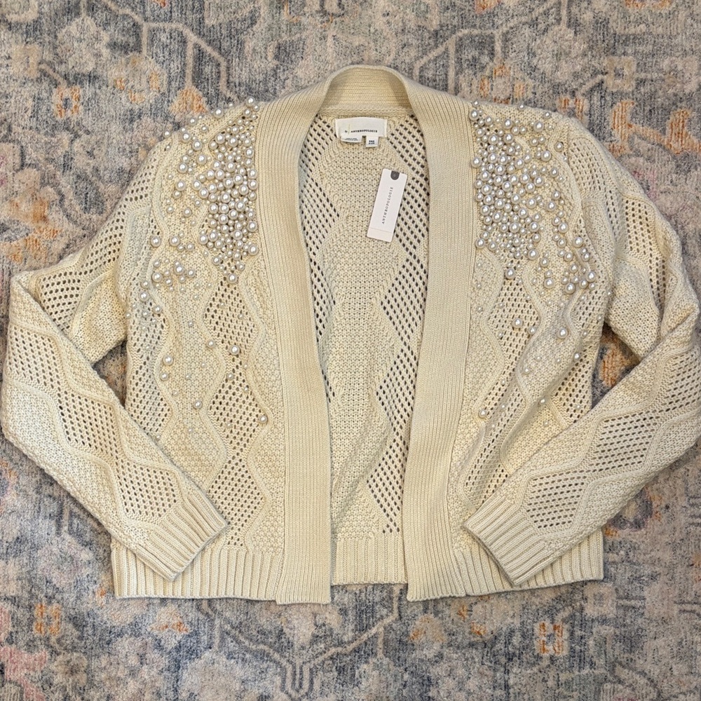 By Anthropologie - Pearl-Embellished Open Front Sweater Cardigan - Cream
